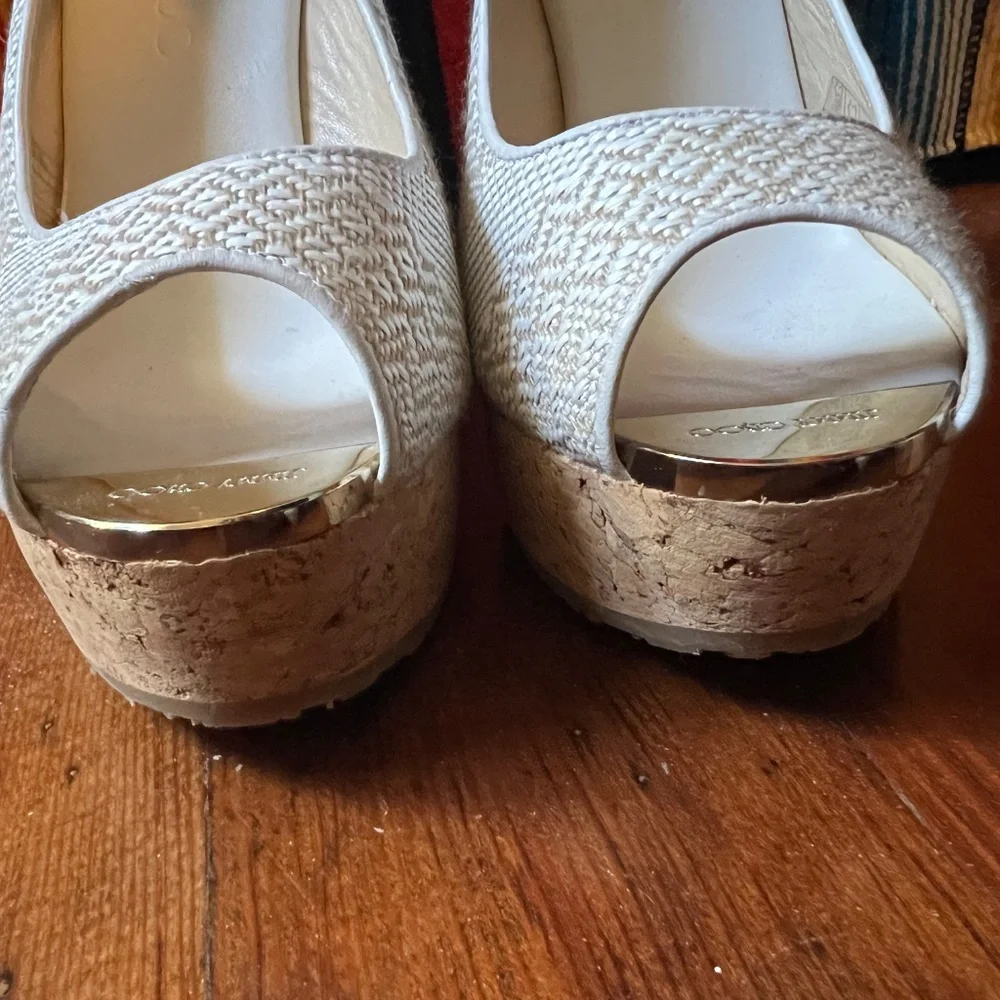 Jimmy Choo White and Natural Cork Woven Peep-Toe Wedge Sandals